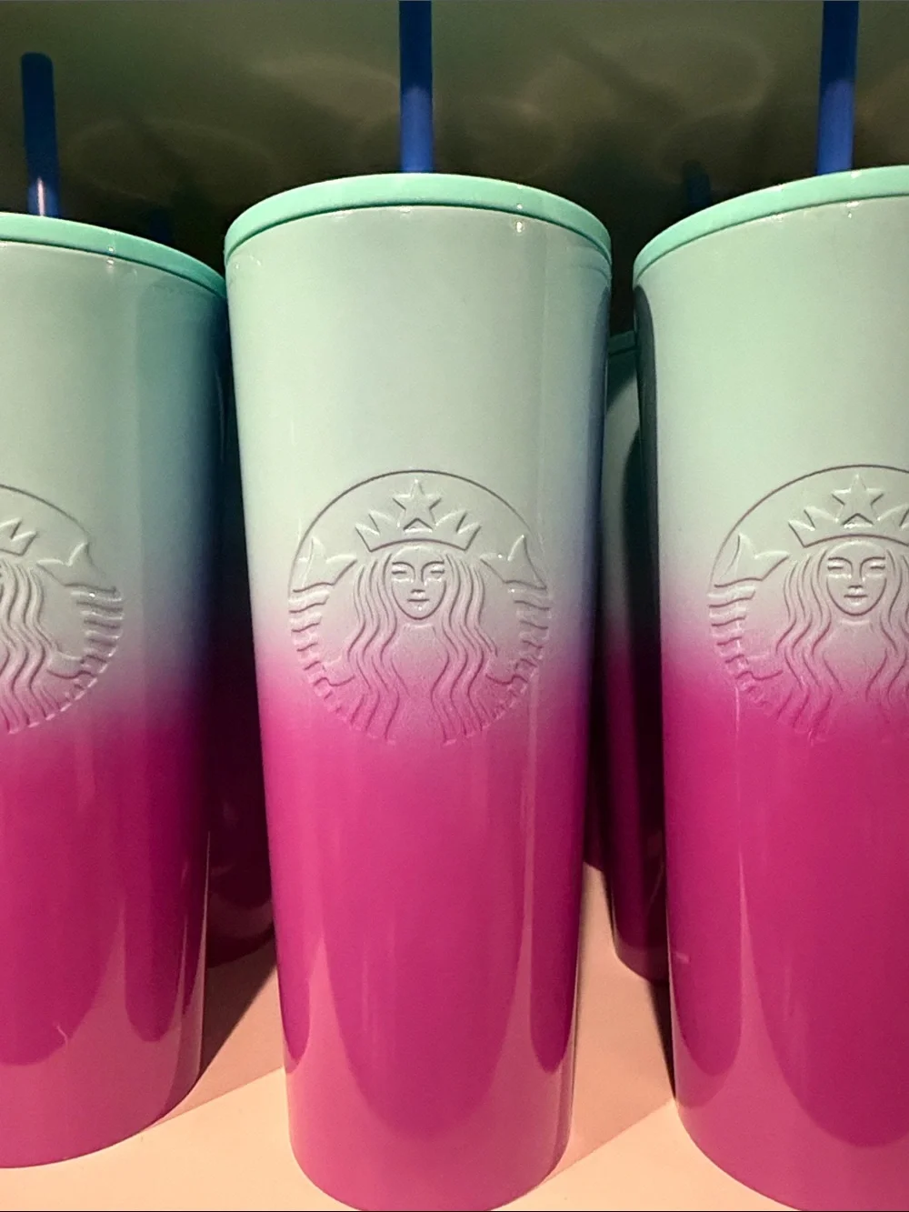 Starbucks Mint-to-Pink Ombre Tumbler with Blue Straw